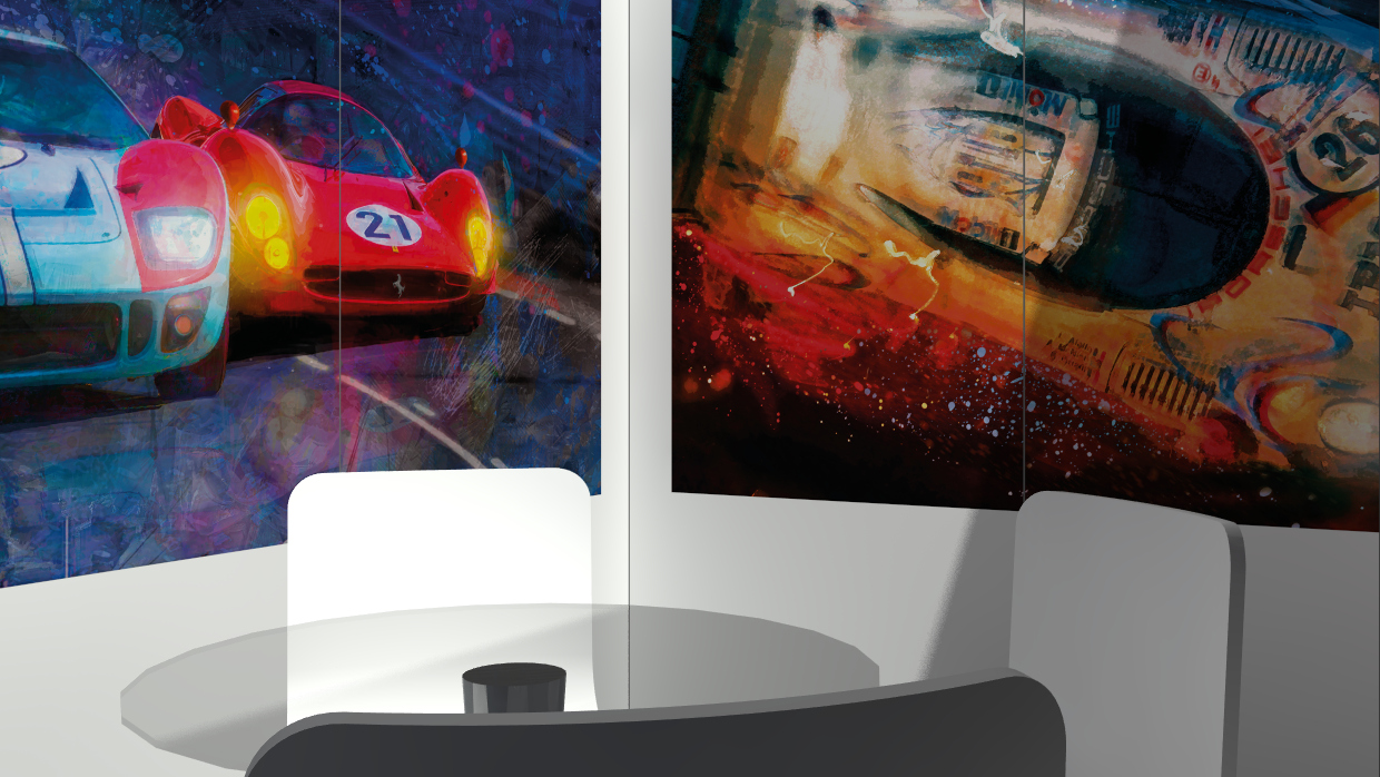 A rendered image showing colourful artwork to adorn the walls of TGL and RYMEC’s meeting rooms at Automechanika Frankfurt.