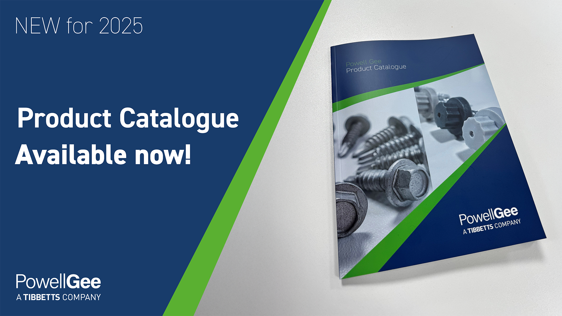 Graphic showing the Powell Gee Product Catalogue front page alongside the text: "NEW for 2025, Product Catalogue available now!"
