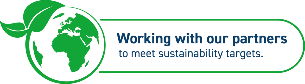 A sustainability icon which displays the following text: Working with our partners to meet sustainability targets