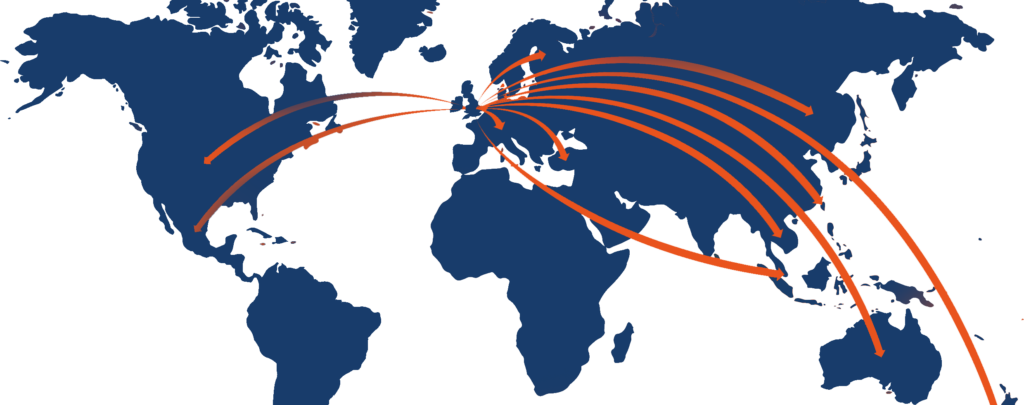 Image of a world map, with arrows pointing from the UK towards several areas in North America, Europe, Asia and Oceania.